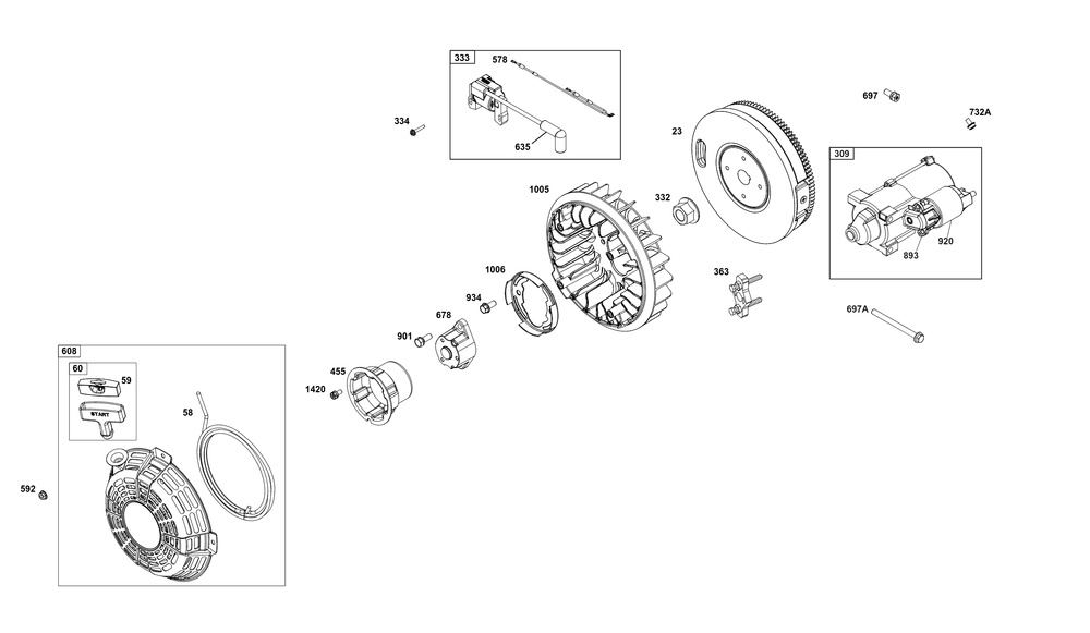 Flywheel/Ignition/Starter Group Diagram and Parts List for 38E347-0026-G1 200000 - 399999 Briggs and Stratton Engine